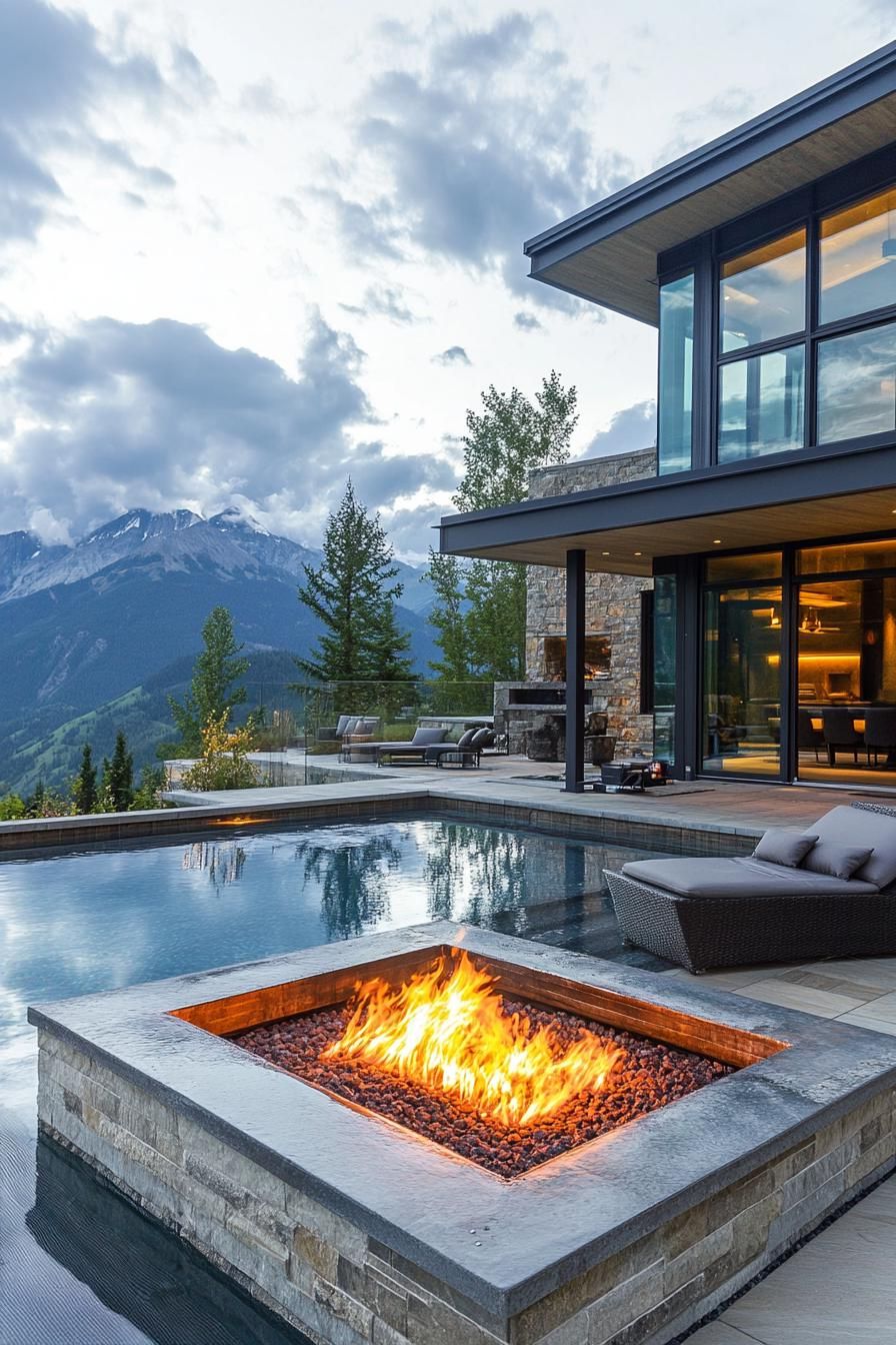 modern mountain house patio with firepit and infinity pool 2
