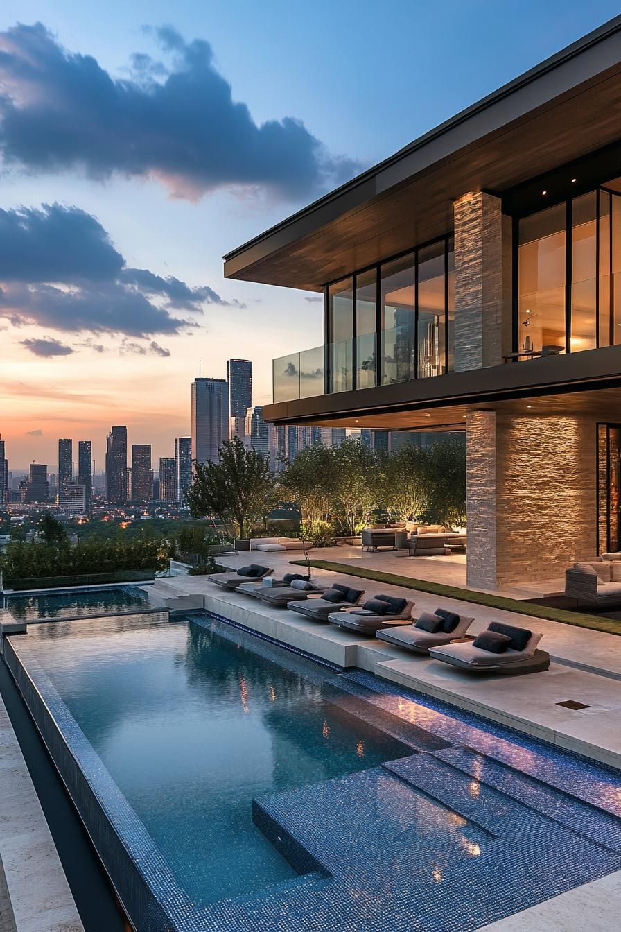 modern mansion pool with stunning city skyline view 1