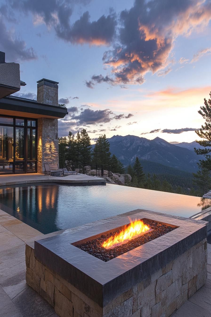 modern mountain house patio with firepit and infinity pool 3