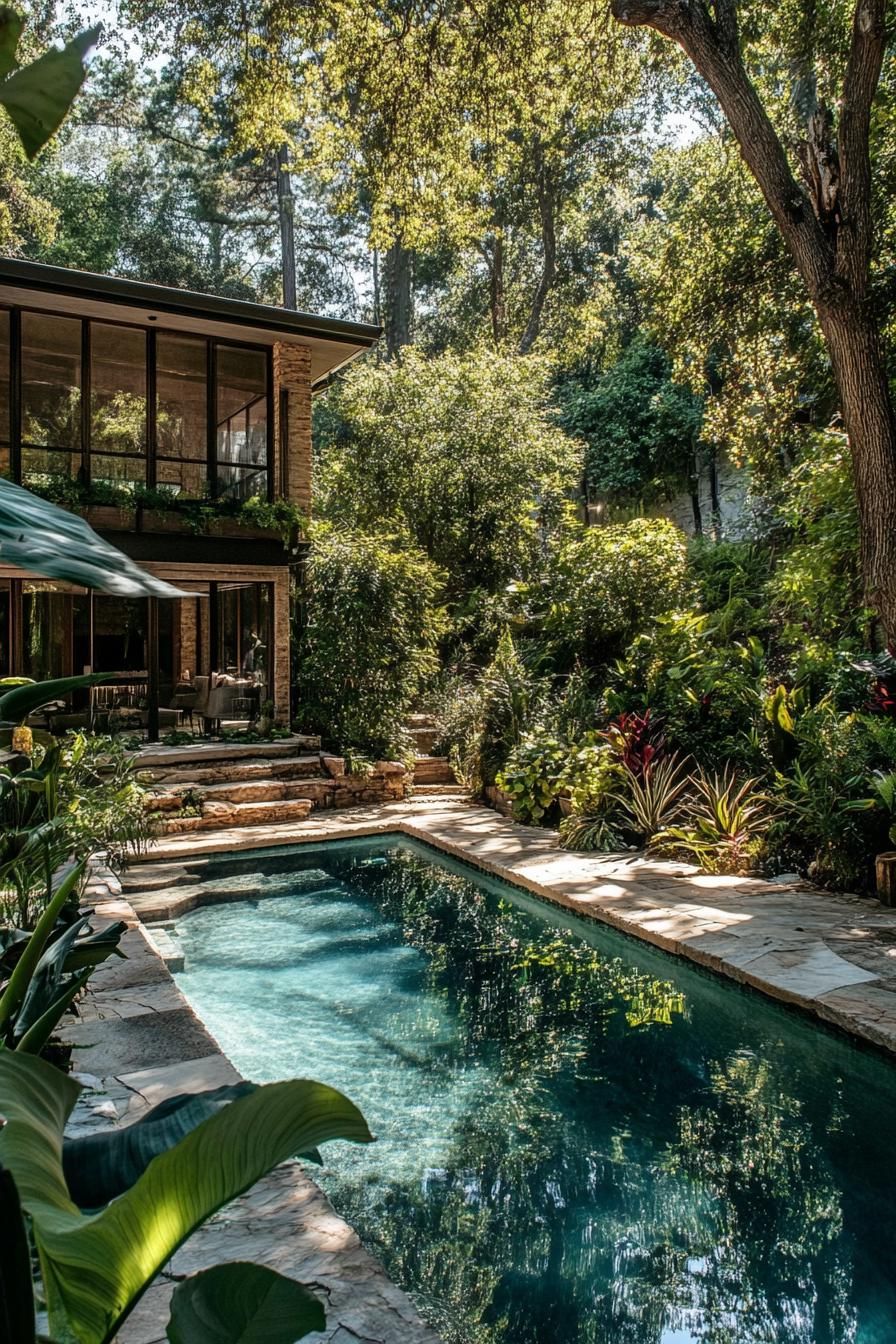 modern forest mansion pool in a lush garden