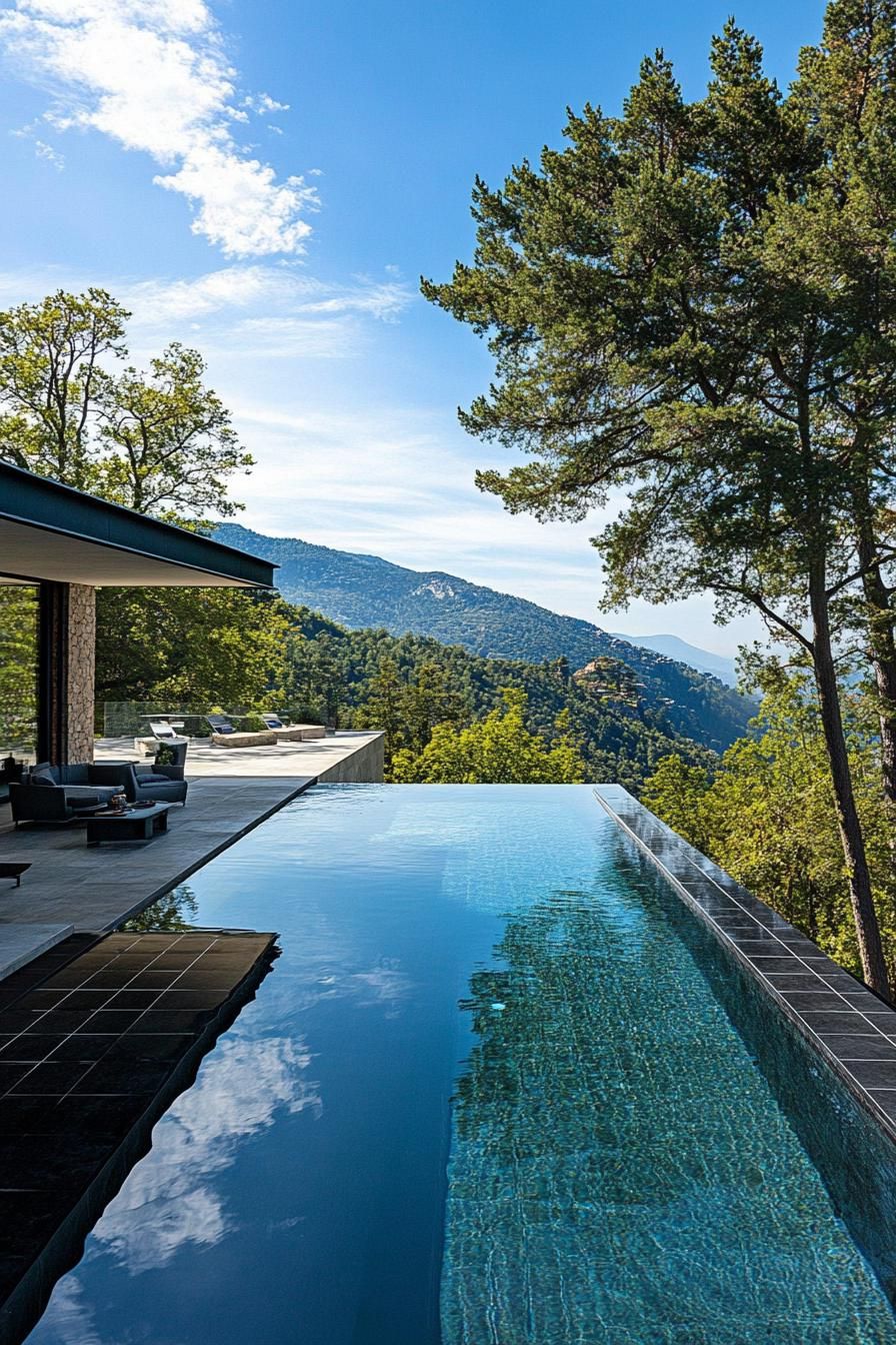 modern mansion pool with black tiles stunning Scandinavian mountain views 1