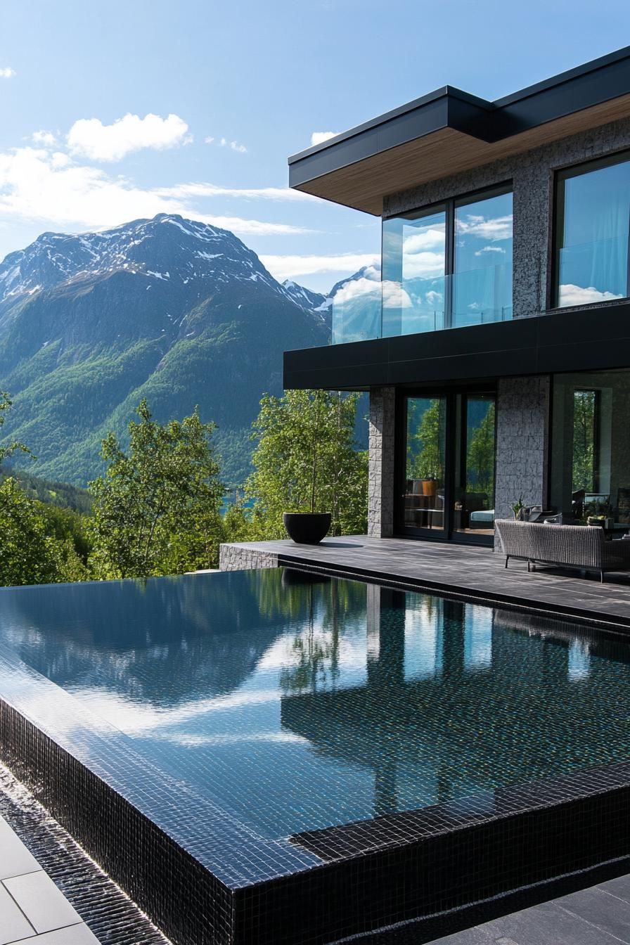 modern mansion pool with black tiles stunning Scandinavian mountain views