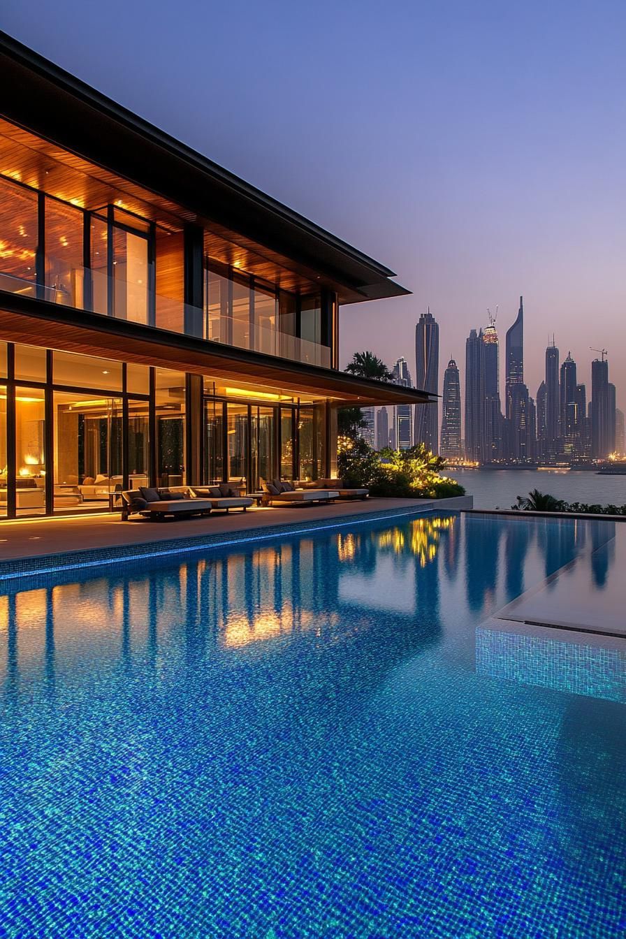 modern mansion geometric pool with stunning city skyline