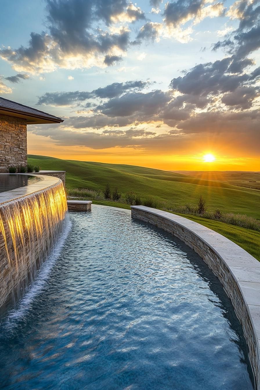 modern mansion pool with waterfall feature overlooking a stunning sunset over green hills 1