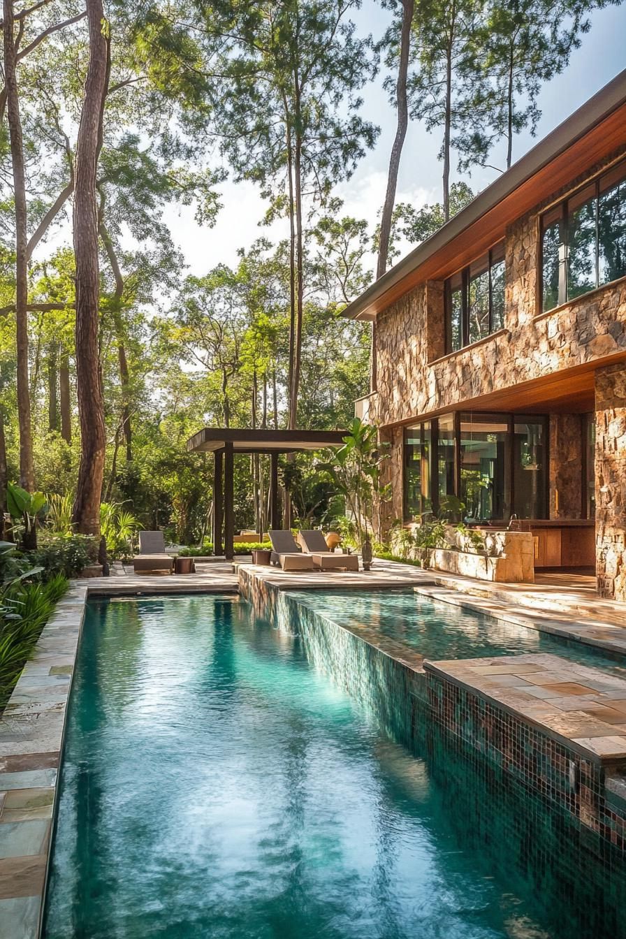 modern forest mansion with stone pool lagoon in courtyard 2