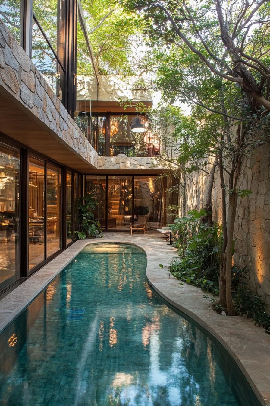 modern forest mansion with stone pool lagoon in courtyard