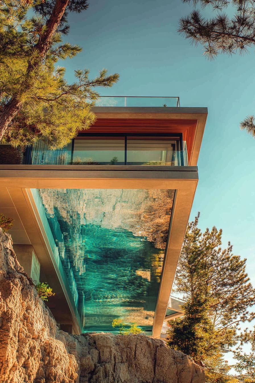 modern hillside house canterleveled pool glass bottom view from underneath 1
