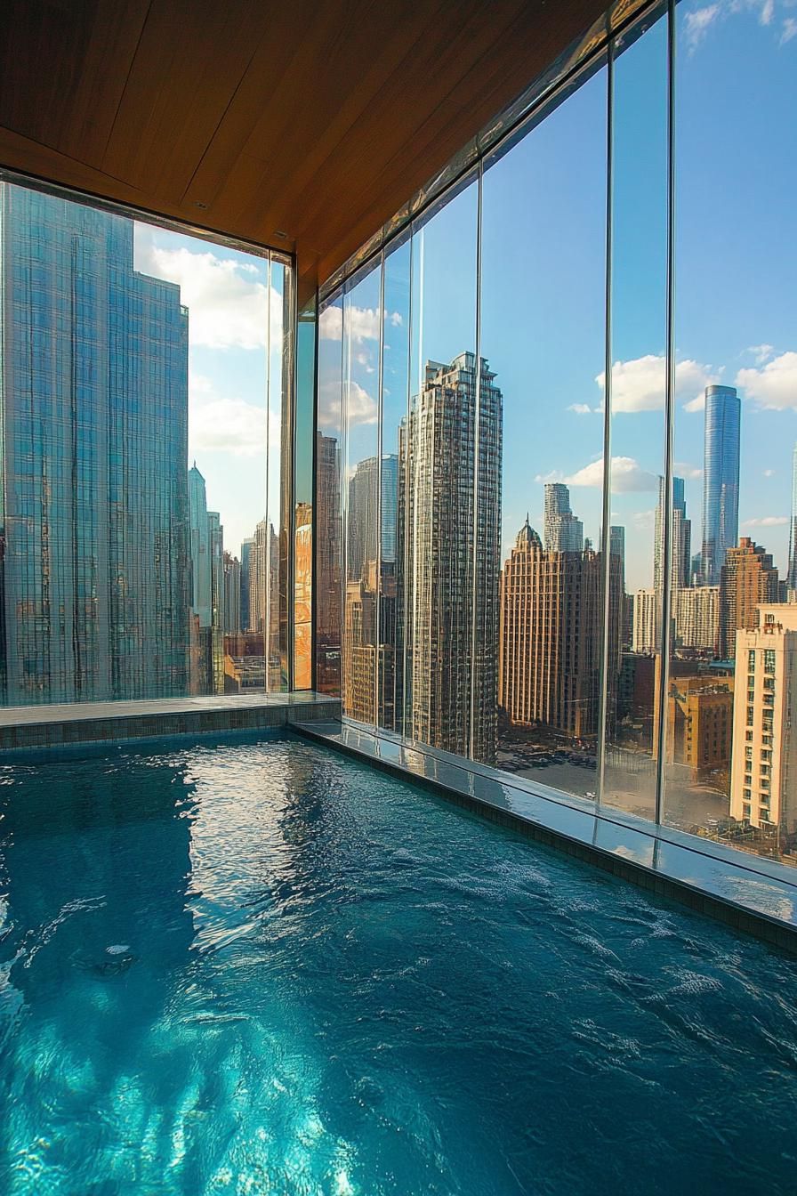 view from rooftop pool with transparent walls overlooking stunning city skyline 3