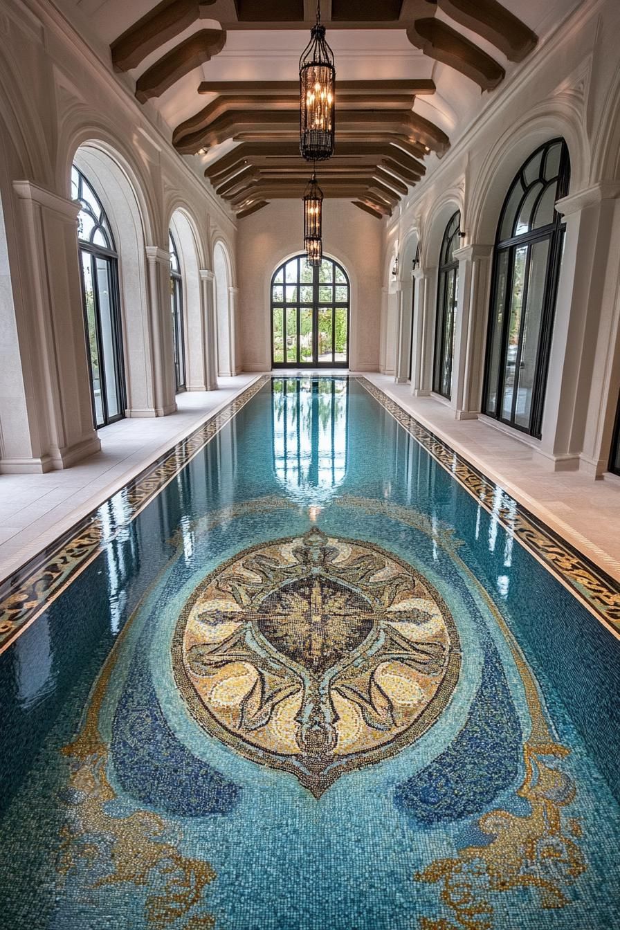 luxury mansion pool with unique mosaic floor