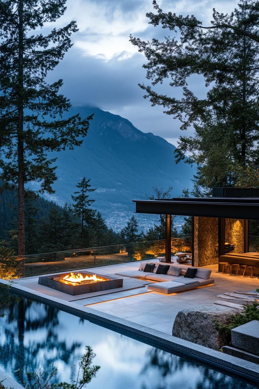 modern mountain house patio with firepit and infinity pool