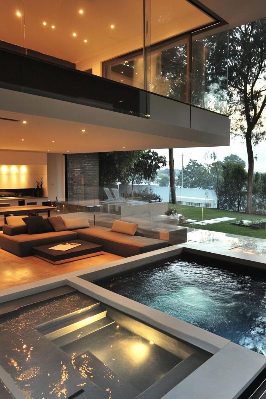 modern sunken living room interior with full glass wall overlooking a connected pool 3