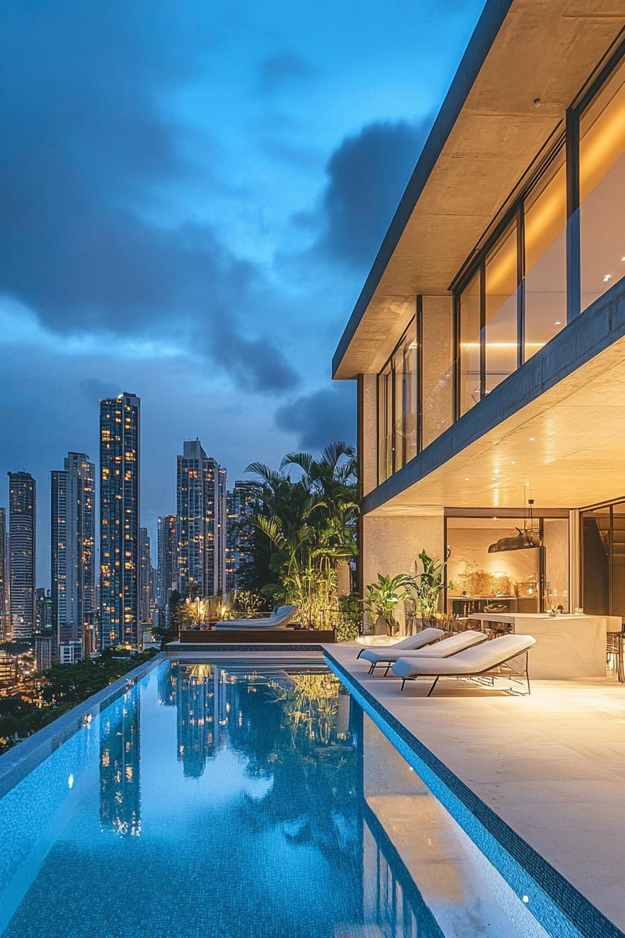 modern mansion pool with stunning city skyline view