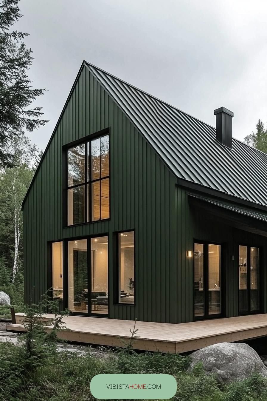35) Modern Green Scandinavian House in the Woods