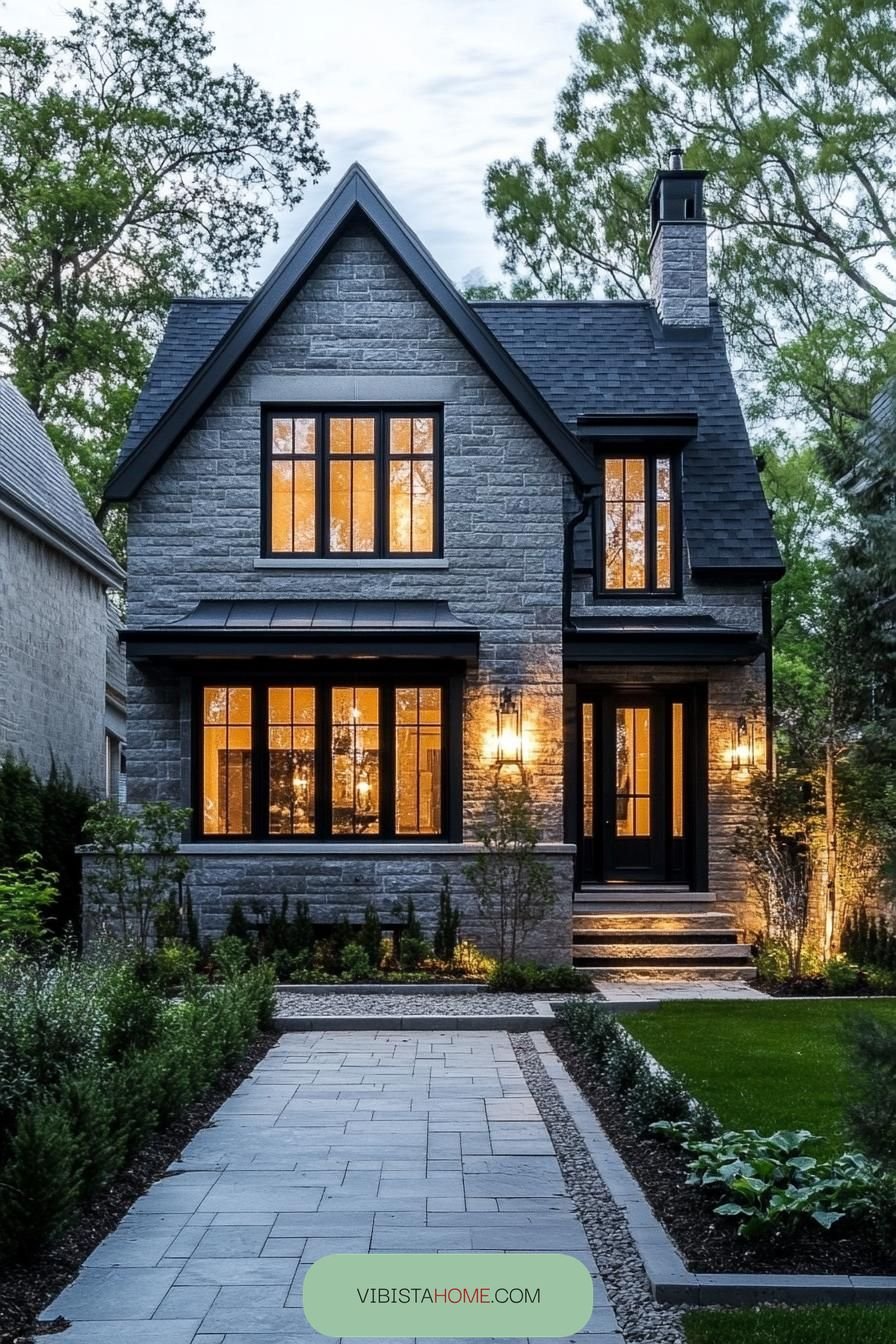 Warm Glowing Windows on a Stone Cottage