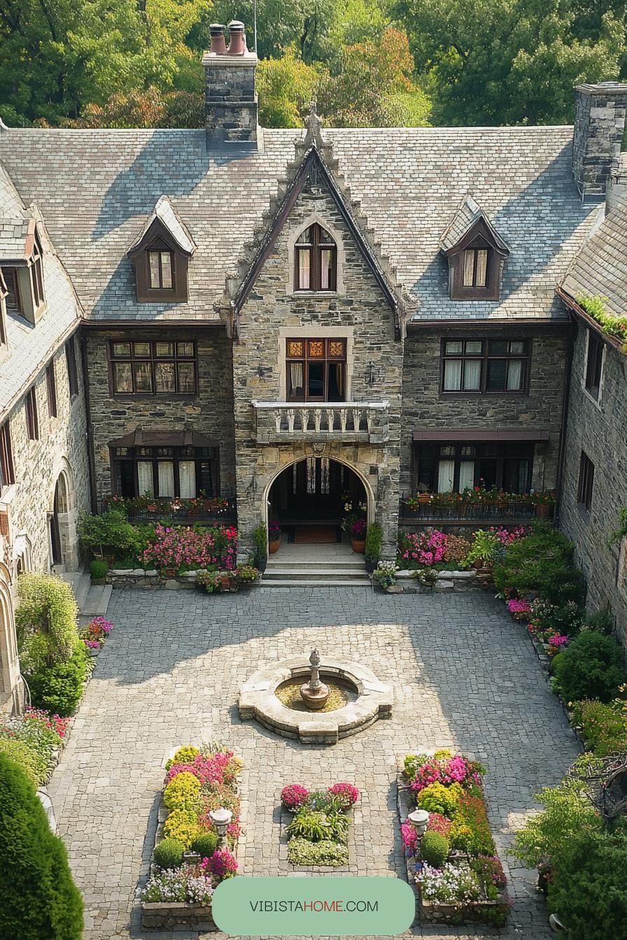 Courtyard Fountains at a Whimsical Stone Chateau